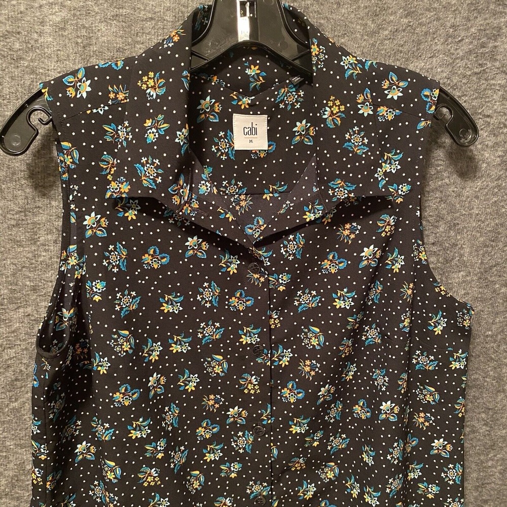 Cabi Top Women Medium Whimsy 3440 Black Floral Sleeveless Cottage Prairie Preppy - Picture 4 of 10